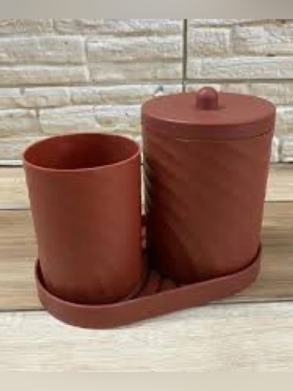 Brown Bathroom Countertop Organizer Set - Dual Jar and Cup